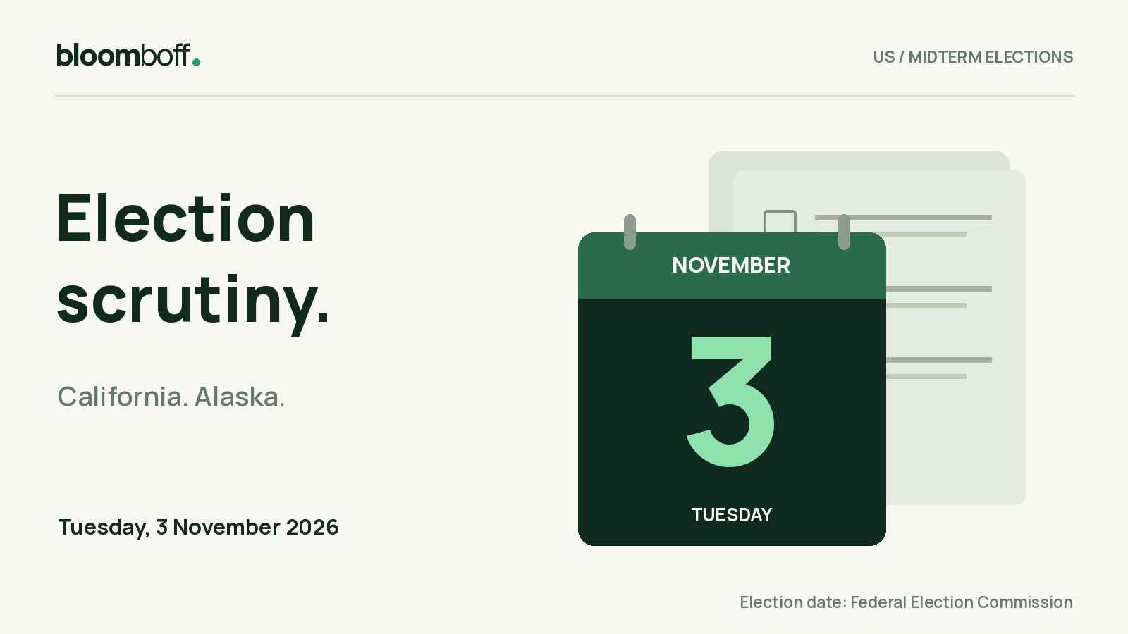Original ballot and calendar illustration highlighting Tuesday, November 3, 2026, the US midterm election date. No polling or results are shown.
