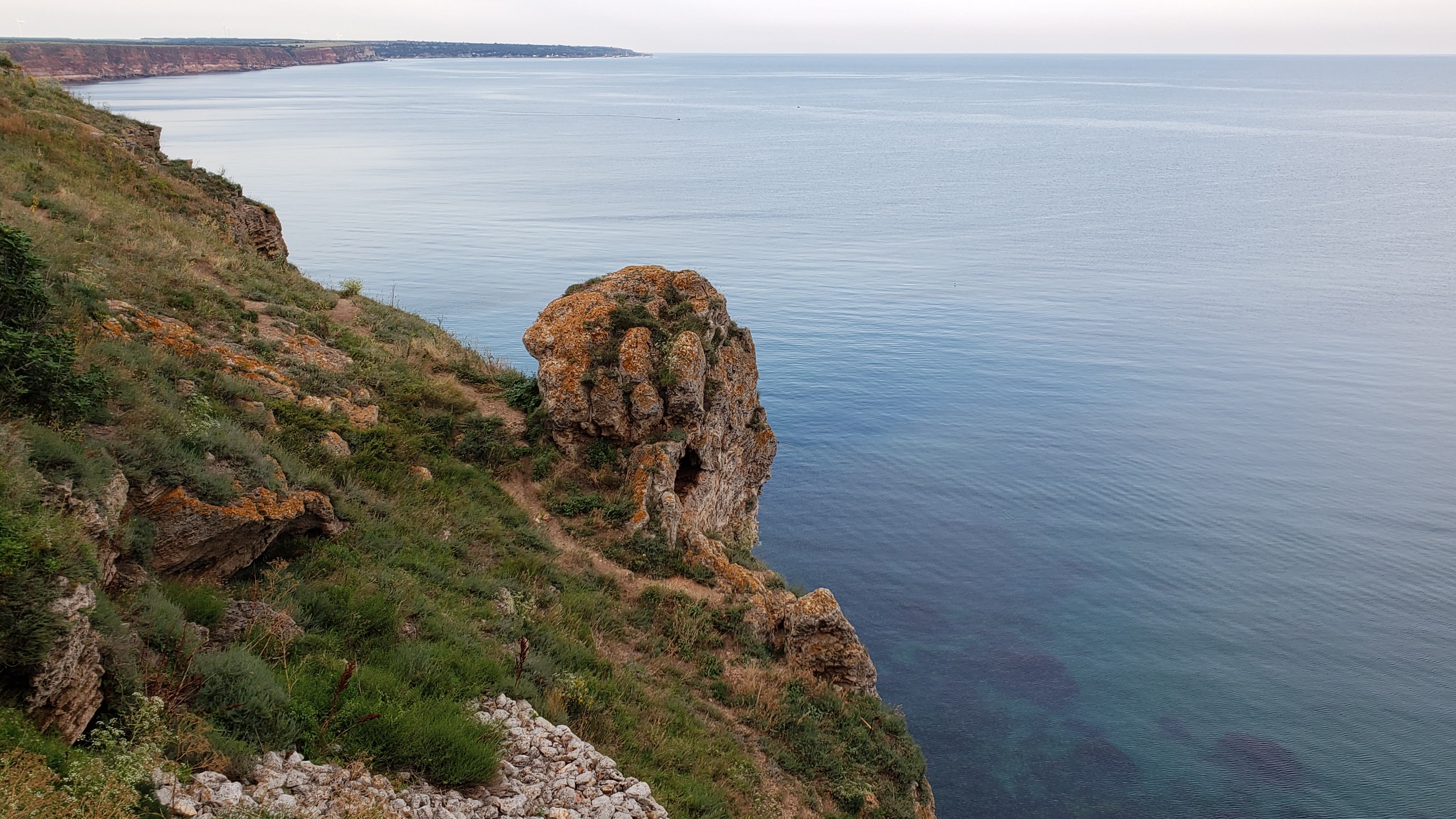 Archive photograph of cliffs and the Black Sea at Cape Kaliakra, Bulgaria, taken in July 2018.
